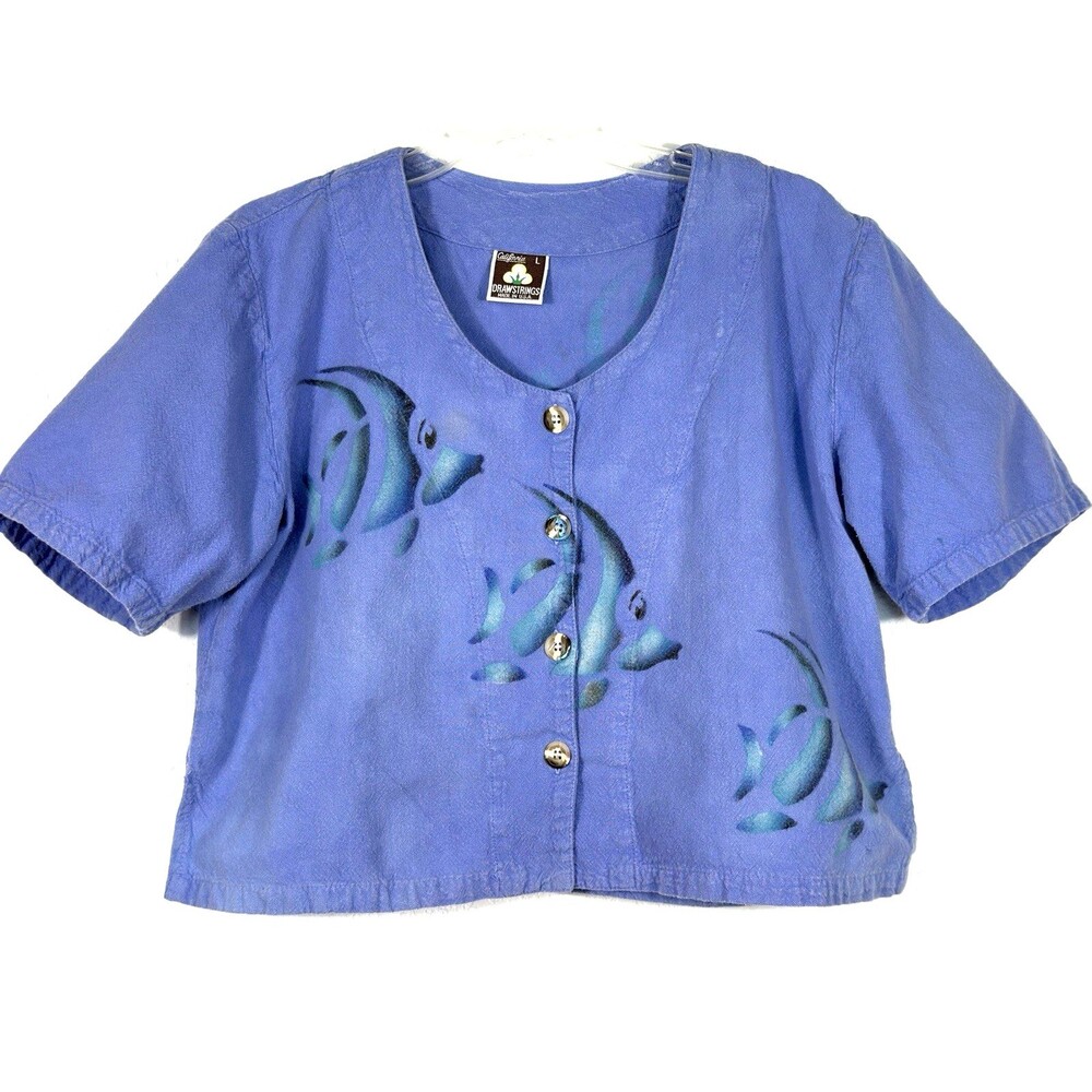 Vintage California Drawstrings Fish Shirt L 100% Cotton Made USA Artsy Coastal W